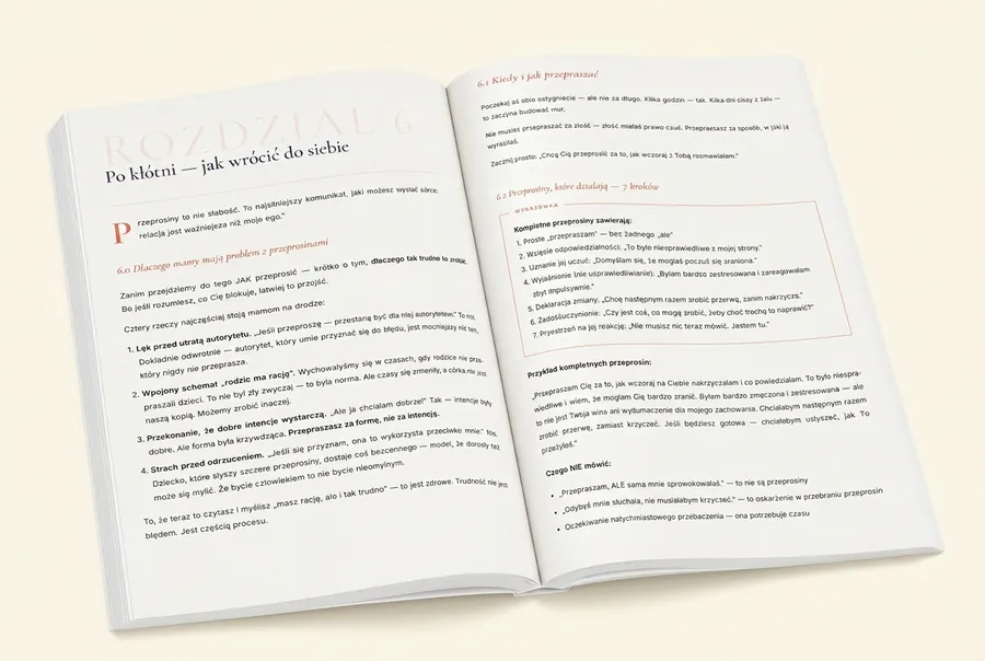 Rozłożony ebook — rozdział 6: Po kłótni, jak wrócić do siebie. Widoczne 7 kroków skutecznych przeprosin.