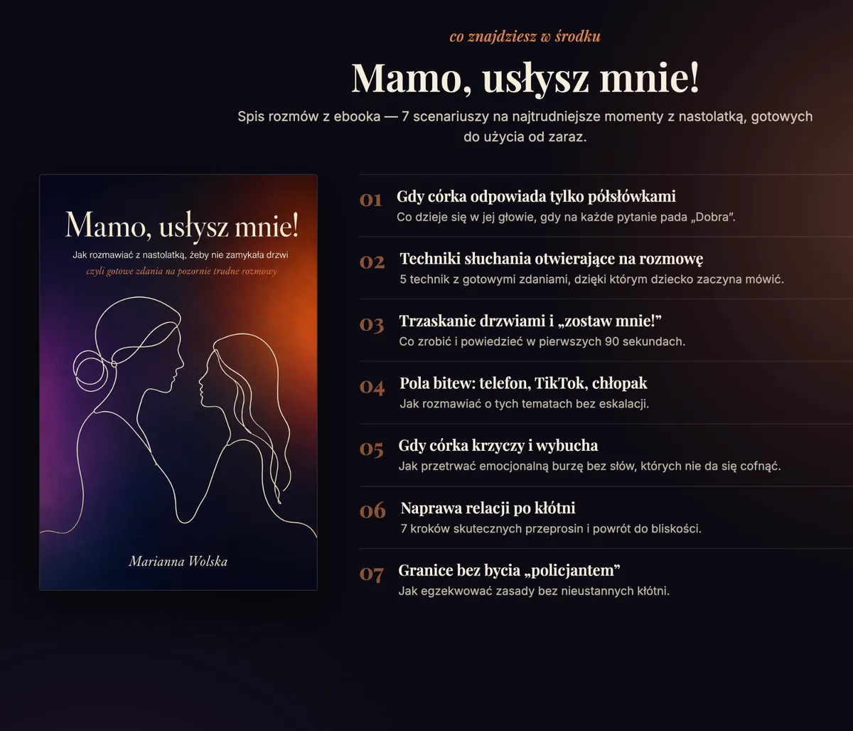 Spis treści ebooka „Mamo, usłysz mnie!” — 7 gotowych scenariuszy rozmów z nastoletnią córką